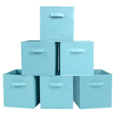 Immagine di PowerKing Cubi portaoggetti pieghevoli con manici, contenitori in tessuto per scaffali dell&#039;armadio, organizzazione durevole, 26 x 27 cm, confezione da 6, blu