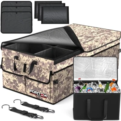 Immagine di FORTEM Organizer per Bagagliaio Auto con Frigo, Pieghevole Multi Scomparto e SUV, Fondo Antiscivolo, Cinghie Regolabili, Coperchio (Deserto, Extra Grande)