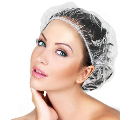 Immagine di Cuffie Doccia Monouso, 100PCS Afufu Usa e Getta in Plastica Trasparente Elastica per Casa, Hotel, Spa, Parrucchiere Viaggi