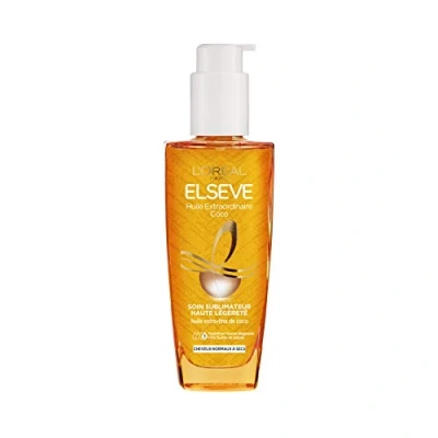 Immagine di Elsève Huile Extraordinaire (versione francese), lozione all&#039;olio di cocco senza risciacquo, nutrizione e leggerezza, per capelli da normali a secchi 100 ml