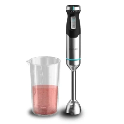 Immagine di Cecotec Frullatore a mano Power Pulsar 2300 MAX. Potenza massima W, Lame 4 con Rivestimento In Titanio Nero, Piede XL, Bicchiere 700 ml Coperchio, Aste e Tritatutto Becco Ghiaccio