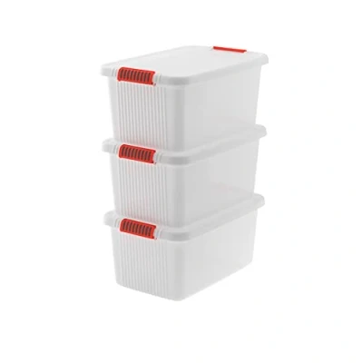 Immagine di Keter Set di 3 Contenitori in Plastica con Coperchio K Latch L, Trasparenti, Dotati Maniglie, Ideali per Vestiti e come Portaoggetti, Adatti Armadi Garage, 43 59x39x28H cm