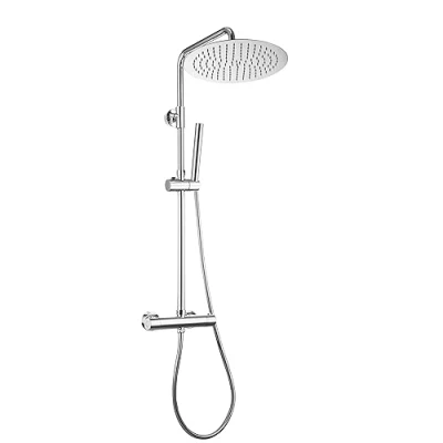 Immagine di JOHO Colonna Doccia Acciaio Inox con Miscelatore Altezza Regolabile Set a Getto Pioggia Soffione Silicone e Doccetta Mano Tonde D30cm.