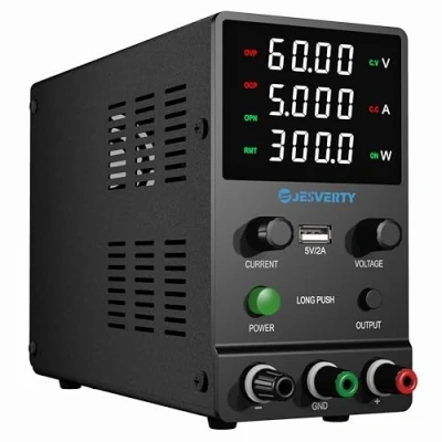 Immagine di Alimentatore CC variabile, 0 60V 5A da banco regolabile con manopola codificatore, controllo uscita, display LED a 4 cifre ad alta precisione, porta USB 5V/2A, Jesverty SPS 6005H