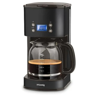 Immagine di H.Koenig Caffettiera per caffé americano programmabile, filtro in acciaio inox, 1,5L(12 tazze) MG32, caraffa vetro graduato, sistema antigoccia, mantenimento caldo, stop automatico, nero, 1000 W