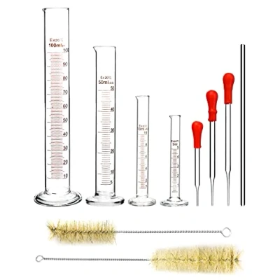 Immagine di QWORK® Cilindro graduato in vetro, 5 ml/10 ml/50 ml/100 ml, con 3 contagocce 2 spazzole per la pulizia, 1 bacchetta di agitazione vetro