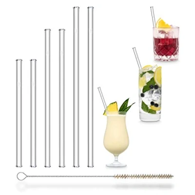 Immagine di Set di 6 cannucce in vetro HALM con 3 lunghezze trasparenti riutilizzabili speciale + spazzolino per la pulizia, sane cocktail, frullato sostenibile.