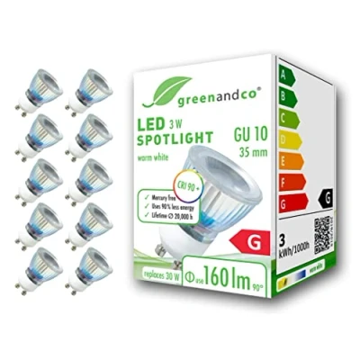 Immagine di greenandco 10x spot a LED IRC 90+ GU10 35mm 3W (equivalente alogeni 30W) 160lm 3000K (bianco caldo) 50 230V AC, nessun sfarfallio, non dimmerabile