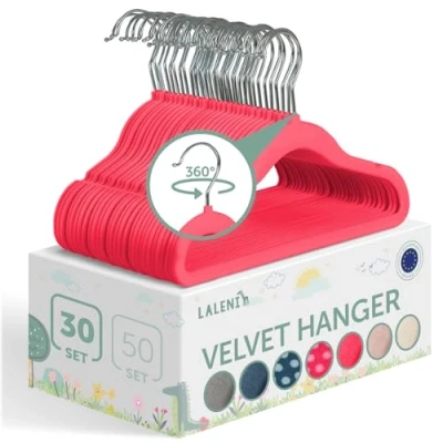 Immagine di Laleni grucce bambini 30 pz in velluto neonato salvaspazio appendiabiti rotanti a 360 appendini antiscivolo stampelle per rosa
