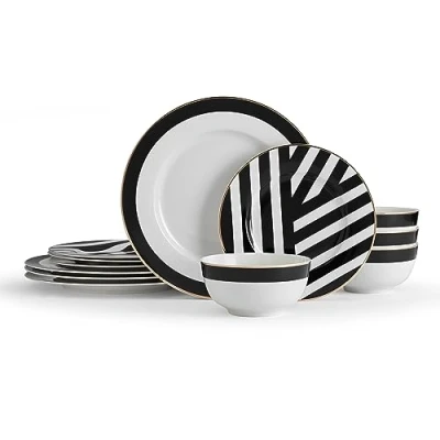 Immagine di Mikasa Luxe Deco Set di Piatti piani da 12pz, Servizio tavola per 4 persone con stampa geometrica 4x piani, piccoli e Ciotole Lavabile in lavastoviglie