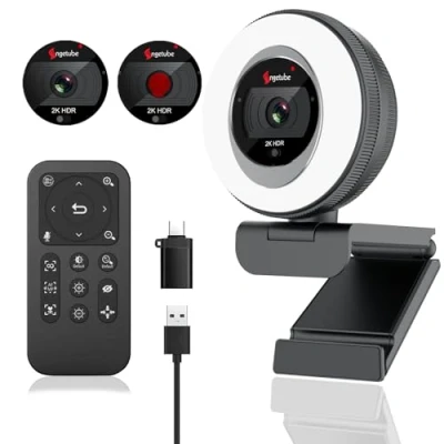 Immagine di Angetube Webcam 2K 1080P con luce ad anello, HDR Autofocus Streaming Computer Camera zoom digitale 5X e telecomando, microfoni integrati copertura per la privacy, PC, laptop, Mac, desktop