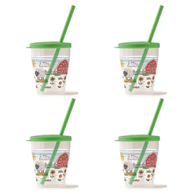 Immagine di Snips Set 4 Bicchieri Con Cannuccia 0,385 LT Bicchiere Bambini Decoro Farm Made in Italy 0% BPA