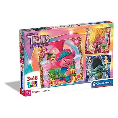 Immagine di Clementoni Trolls 3 Supercolor 3X48 (Include 48 Pezzi) Bambini 4 Anni, Puzzle Cartoni Animati Made in Italy, Multicolore, 25292