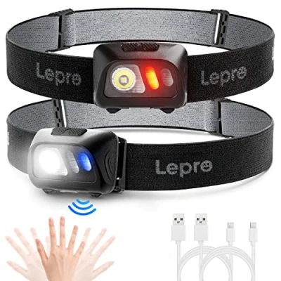Immagine di Lepro Lampada da Testa USB Ricaricabile (2 Pezzi), Torcia LED Frontale Super Luminoso con Sensore di Movimento e 5 Modalità Rossa Luce, Impermeabile per Attività all&#039;Aperto