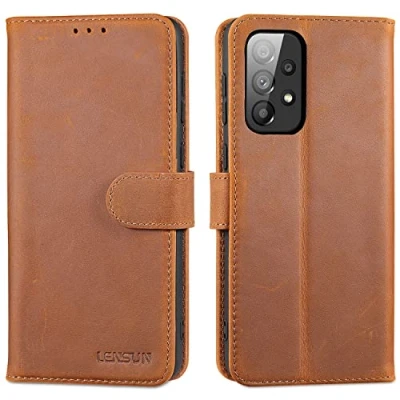 Immagine di Lensun Cover per Samsung Galaxy A33 5G, Vera Pelle Custodia Libro [RFID Blocking] con Portafoglio Flip Chiusura Magnetico Custodie Cuoio 5G Marrone retrò