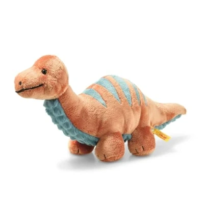 Immagine di Steiff 087837 peluche Brontosaurus, Soft Cuddly Friends, circa 28 cm, di marca con bottone nell&#039;orecchio, per bambini dalla nascita, arancione scuro e petrolio