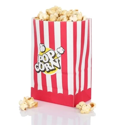 Immagine di FunX Confezione da 80 sacchetti in carta kraft per popcorn feste cinema, serate compleanno bambini e di notte 10 x 7 16 cm rosso/bianco a righe