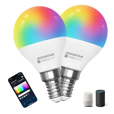 Immagine di Aigostar Lampadine Alexa, Wifi G45 E14 6.5W, Lampadina Smart RGBCW Compatibile con Alexa/Google Home, Nessun Hub Richiesto. Funzionamento a Distanza, Controllo Vocale, 2 Unità.