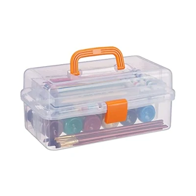 Immagine di Relaxdays Scatola Trasparente Plastica, 9 Scomparti Per Oggetti, Maniglia e Chiusura A Scatto, 14x33x19,5 cm, Arancione