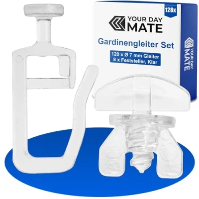 Immagine di 120 Cursori per Tende, 8 x Staffe Intermedie, Trasparente, Accessori Cursore a Testa Tonda da 7 mm Binari Con Larghezza di Scorrimento 3 4 e Camera