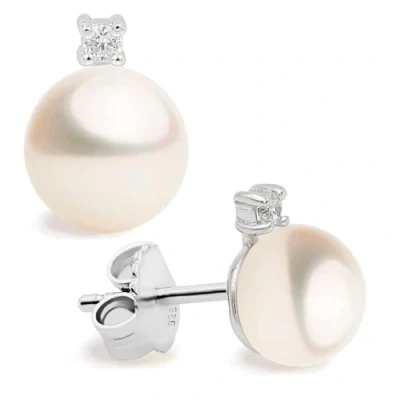 Immagine di Orecchini di Perle Coltivate d&#039;acqua dolce a forma Bottone 8 9 con Zirconi piccoli cubico SECRET &amp; YOU. Design Tu ed Io Argento sterling 925 rodiato grandi dorsi o Omega.