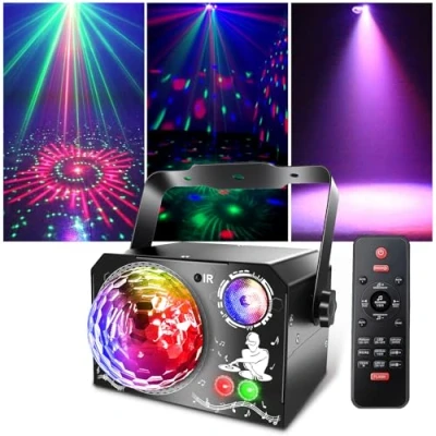 Immagine di 4 in 1 Lampada da palcoscenico, Fwiull Luce Discoteca con Telecomando e Stroboscopio, 65 Effetti Luminosi RGB &amp; UV, USB Luminoso Disco Musica Controllo Vocale