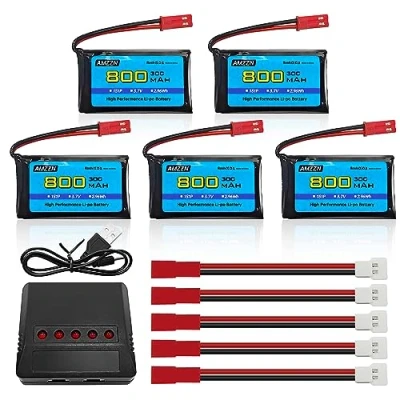 Immagine di AMZZN 5PCS 3.7V 800mAh 30C JST plug Lipo batteria con caricabatterie 5 in 1 per SYMA X56W MJX X400W X300C X800 HS110 HS200 S670 V950hd S1750 V2450 quadcopter telecomandato