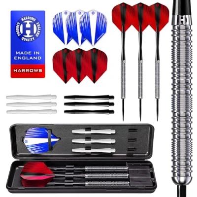Immagine di Harrows Caliber 90% Set di Freccette con Punta in Acciaio al tungsteno I da 21 g a 30 Enorme Pacchetto 16 Pezzi aste Ricambio, Alette Prime e Custodia Viaggio (Argento, 25 Grammi)