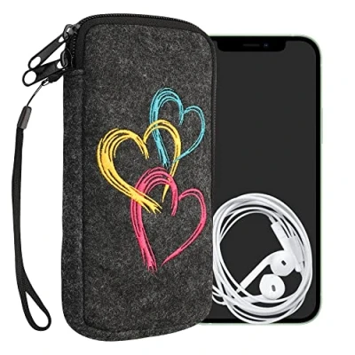 Immagine di kwmobile Custodia in feltro con zip per Smartphone XL 6,7/6,8&quot; Astuccio portacellulare a sacchetto cerniera e ricamo Borsa Cuore Metallico fucsia/arancione/grigio scuro