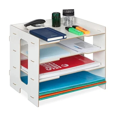 Immagine di Relaxdays Organizer da Scrivania con Portadocumenti, 3 Scomparti A4, HLP: 27x31,5x24 cm, Portalettere in MDF, Bianco