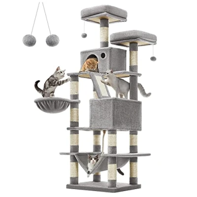 Immagine di FEANDREA Albero per Gatti, Alto 168 cm, Tiragraffi Gatti con 13 Graffiatoi, 2 Posatoi, Grotte, Cesto, Amaca, Pompon, in Peluche a più Livelli all Interno, Grigio Chiaro PCT165W01