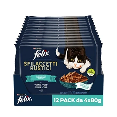 Immagine di Felix Sfilaccetti Rustici Fish Selection Umido Gatto con Tonno, Salmone 48 Buste da 80 g Ciascuna (12 Confezioni 4 x g) 4460