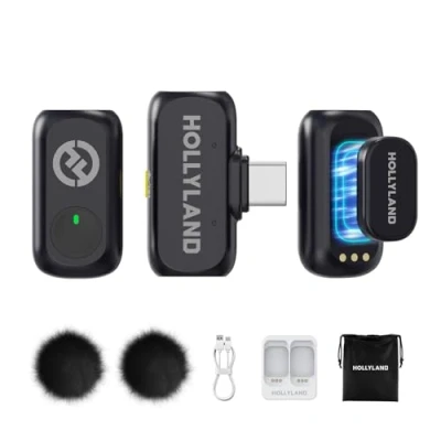 Immagine di Hollyland LARK A1 Mini Duo microfono wireless per iPhone 15/16 e Android (2 TX + RX USB C), magnetico YouTube, TikTok, podcast, vlogging (Nero, Senza Custodia di Ricarica)