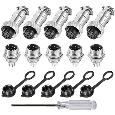 Immagine di Aiqeer 5 Pezzi 7 Pin GX12 Connettore Aviazione, 12 mm Aviazione Metallo, 5A Maschio Femmina, con Cappuccio in Gomma e Cacciavite a Croce