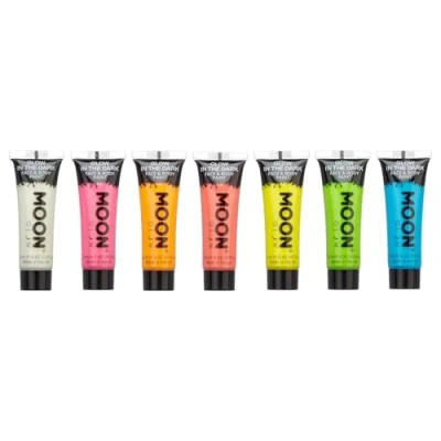 Immagine di Moon Glow Pittura per viso e corpo che si illumina al buio Fosforescente Charge to Portachiavi UV incluso, 12 ml (confezione da 7)