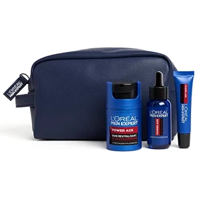 Immagine di L&#039;Oréal Men Expert Astuccio per routine esperta uomo, cura viso rivitalizzante e antietà, con acido ialuronico, tutti i tipi di pelle, Power Age 3 prodotti