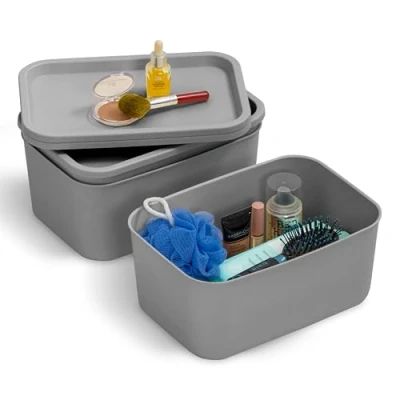 Immagine di Iris Ohyama, Set di 4 Contenitori in Plastica con Coperchio, Impilabili, per Cucina, Bagno, Camera da Letto, Camerino, Ufficio, Organizzazione Solida e Durevole, SNL S