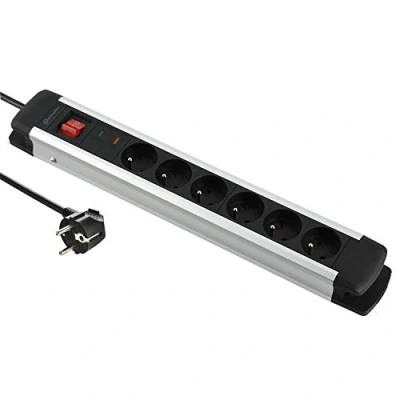 Immagine di Electraline 35436 Alu Line Blocco multipresa a 6 prese parafulmine con corpo in alluminio e protezione contro le sovratensioni, 2 m, colore: Nero, Prises Parafoudre