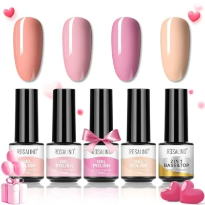Immagine di ROSALIND Smalto Semipermanente per Unghie Smalti Set (4pzs) Semipermanenti Rosa Kit con Base Coat Top UV LED Manicure,Mini