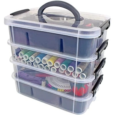 Immagine di Bins &amp; Things scatole di plastica impilabili con 2 vassoi, scomparti per lavori manuali, perline, coperchio, da cucito