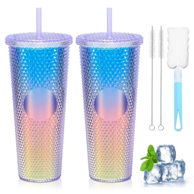 Immagine di Tazza con Borchie Coperchio e Cannuccia 710 ml, 2 Pcs Fredda a Doppia Parete in Plastica, Plastica Spazzola