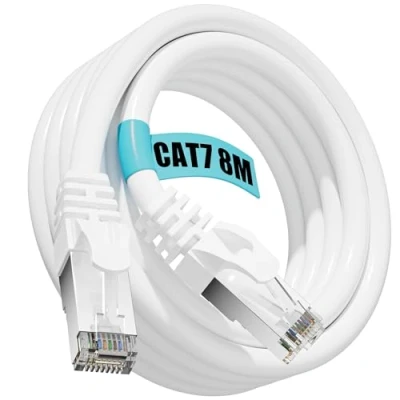 Immagine di Cavo Ethernet 8 Metri, Cat 7 Lan High Speed, Rete 24AWG 10Gbps 600MHz, Wlan Gigabit, Internet S/FTP Bianco Schermato Patch Impermeabile Esterno RJ45 per Router Modem