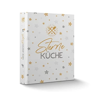 Immagine di itenga Quaderno per ricette formato A5, con motivo laminato, meccanismo a 2 anelli, cucina stelle, colore bianco, grigio, oro, raccoglitore