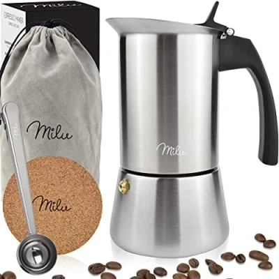 Immagine di Milu Caffettiera Induzione 2, 4, 6, 9 Tazze Espresso in Acciaio Inox, Adatta all&#039;Induzione, Set comprendente sottobicchiere, cucchiaio, spazzola (9 Tazze, 450ml)