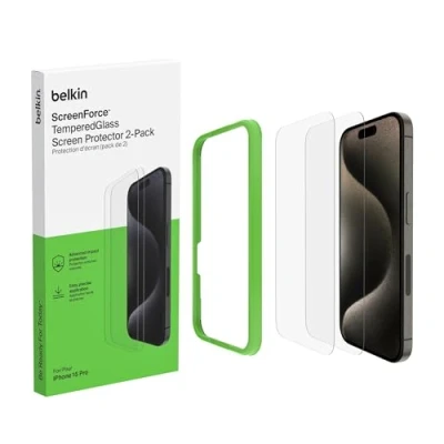 Immagine di Belkin ScreenForce TemperedGlass Proteggi schermo, vetro temprato per iPhone 15 Pro, sottile, trasparente, antigraffio, include un supporto un&#039;applicazione senza bolle, 2 pezzi