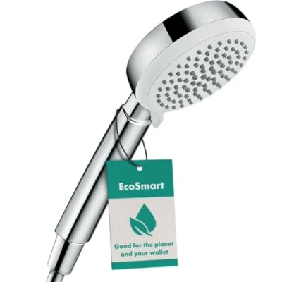 Immagine di hansgrohe Crometta 100 Doccetta per doccia a risparmio idrico 9 l/min (EcoSmart), Doccino con 4 getti, Soffione rotondo (⌀ mm) funzione anticalcare, bianco/cromo, 26827400