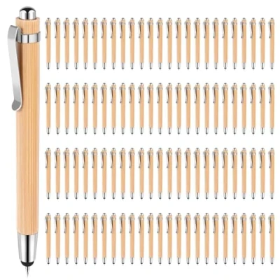 Immagine di NIZEAMI 100 penne a sfera con punta stilo per touch screen, penna retrattile in bambù, 1 mm, inchiostro nero, regalo scrittura scolastica e ufficio