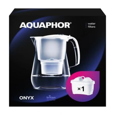 Immagine di AQUAPHOR Filtro dell&#039;acqua Onyx Bianco incl 1 MAXFOR+ I dall&#039;aspetto in vetro 4,2l Riduce il calcare e cloro Perfetto per la famiglia Qualità premium Caraffa