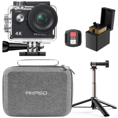 Immagine di AKASO EK7000 Action Cam con 60cm Treppiede e Custodia Protettiva, 4K30FPS Fotocamera Subacquea 20MP WiFi stabilizzazione EIS 170 grandangolo Ultra HD zoom 4X batterie 2x1050mAh