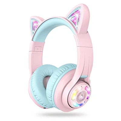 Immagine di iClever Cuffie Bluetooth per Bambini, BTH13 Cat Ear LED Wireless Bambini con Mic, 50 Ore di Riproduzione, 74/85/94dB Limitazione del Volume